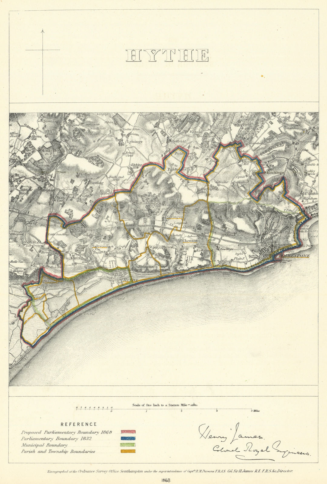 Hythe, Kent. JAMES. Parliamentary Boundary Commission 1868 old antique map